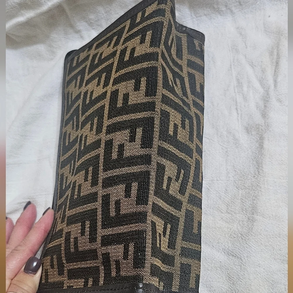 FENDI Zucca Cosmetic Pouch Brown Black Canvas Leather Authentic EUC